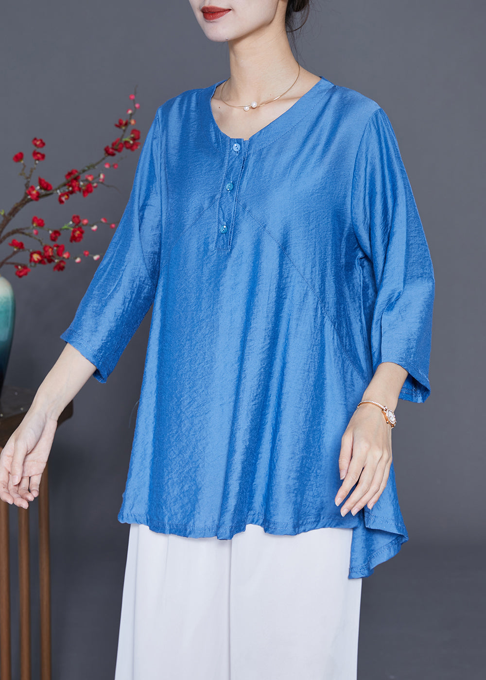 Blue Patchwork Silk Blouse Top Oversized Bracelet Sleeve LY3667 - fabuloryshop