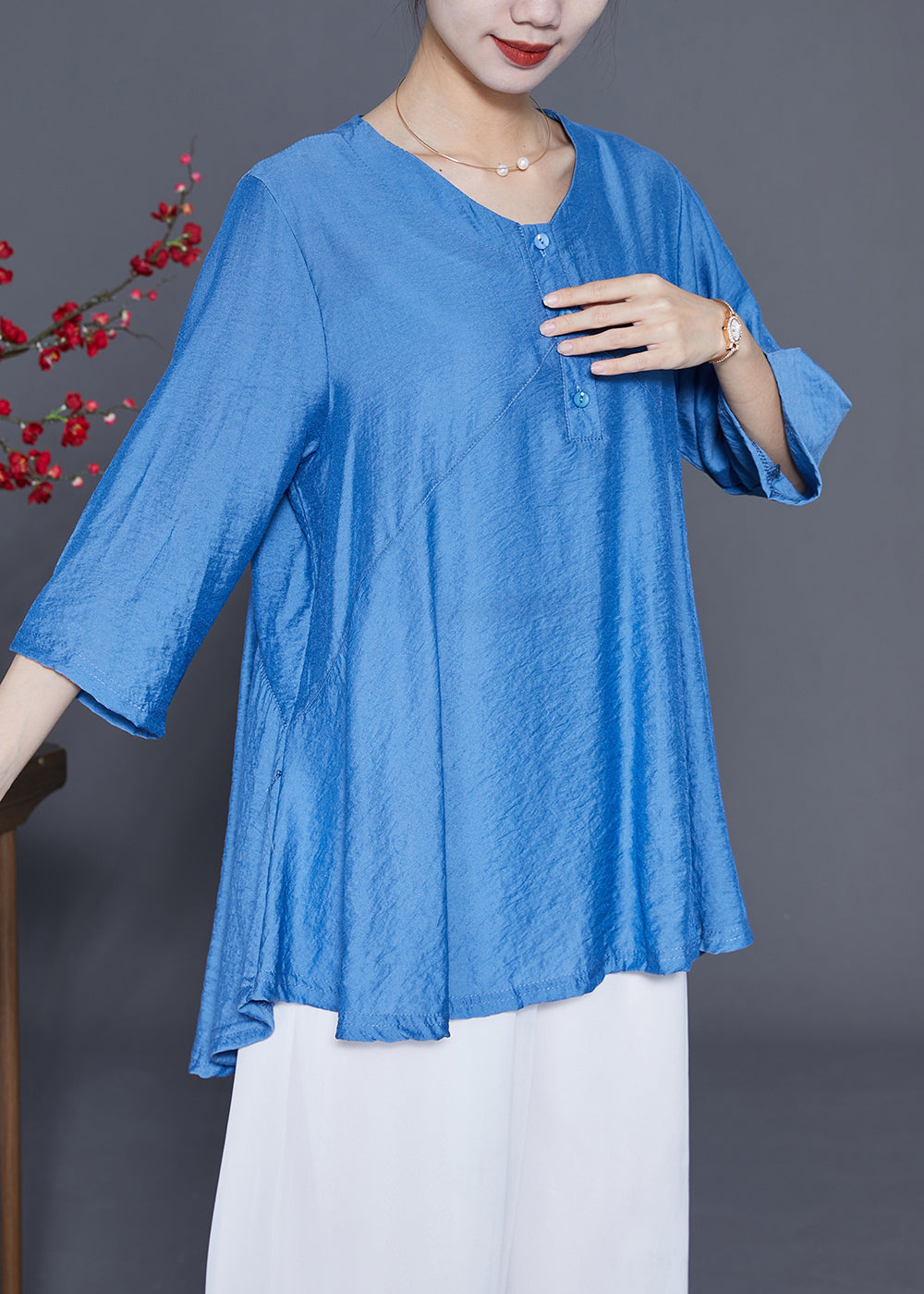 Blue Patchwork Silk Blouse Top Oversized Bracelet Sleeve LY3667 - fabuloryshop