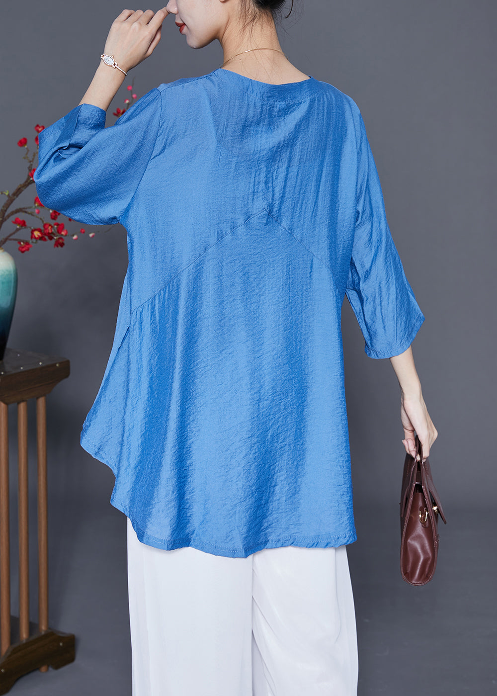 Blue Patchwork Silk Blouse Top Oversized Bracelet Sleeve LY3667 - fabuloryshop