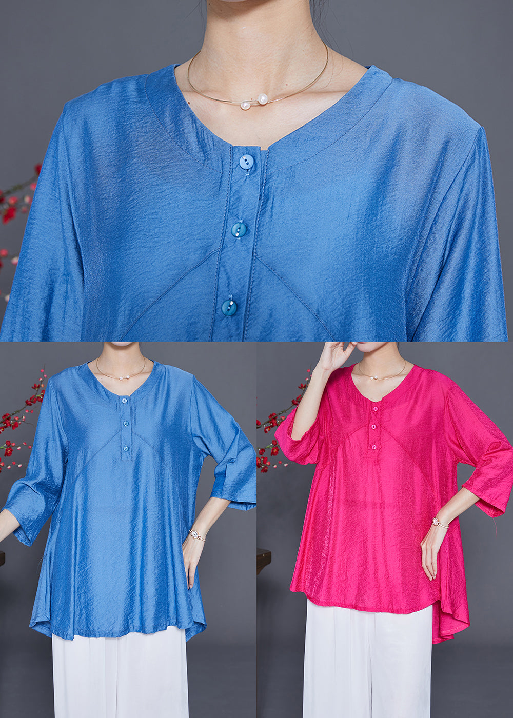 Blue Patchwork Silk Blouse Top Oversized Bracelet Sleeve LY3667 - fabuloryshop