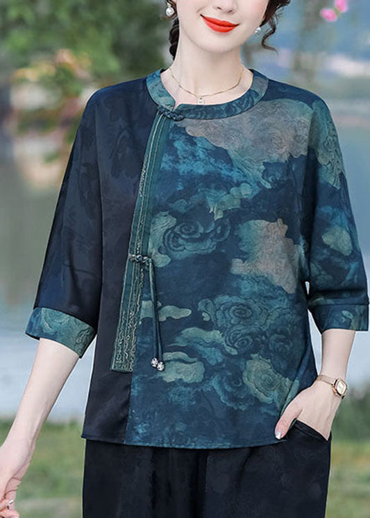 Blue Patchwork Silk T Shirt Top O Neck Tasseled Summer LC0276 - fabuloryshop