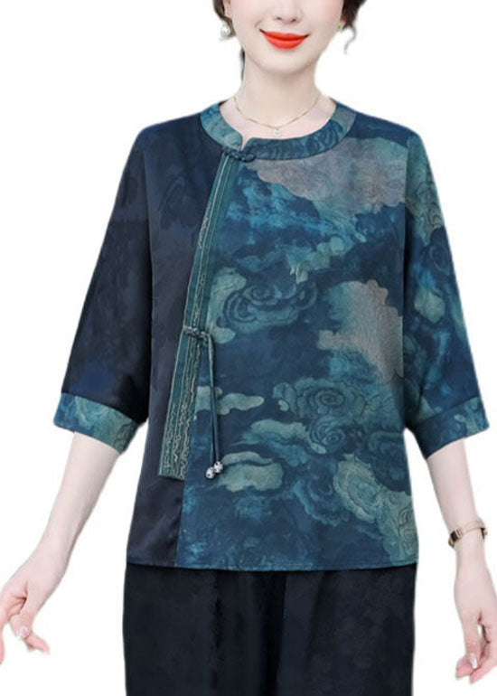 Blue Patchwork Silk T Shirt Top O Neck Tasseled Summer LC0276 - fabuloryshop