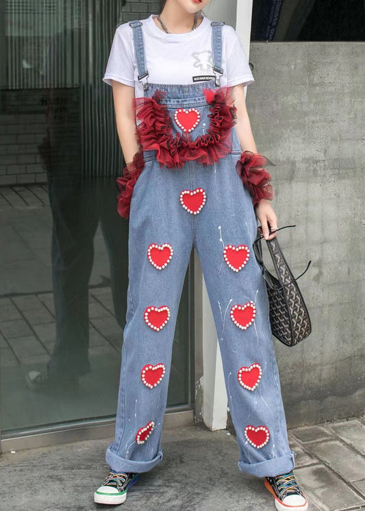 Blue Patchwork Spaghetti Strap Denim Jumpsuits Tulle Ruffled Heart Nail Bead Summer LY5230 - fabuloryshop