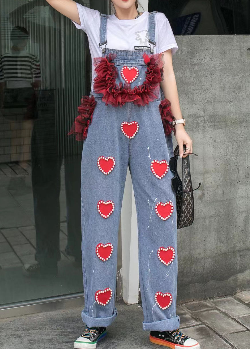 Blue Patchwork Spaghetti Strap Denim Jumpsuits Tulle Ruffled Heart Nail Bead Summer LY5230 - fabuloryshop