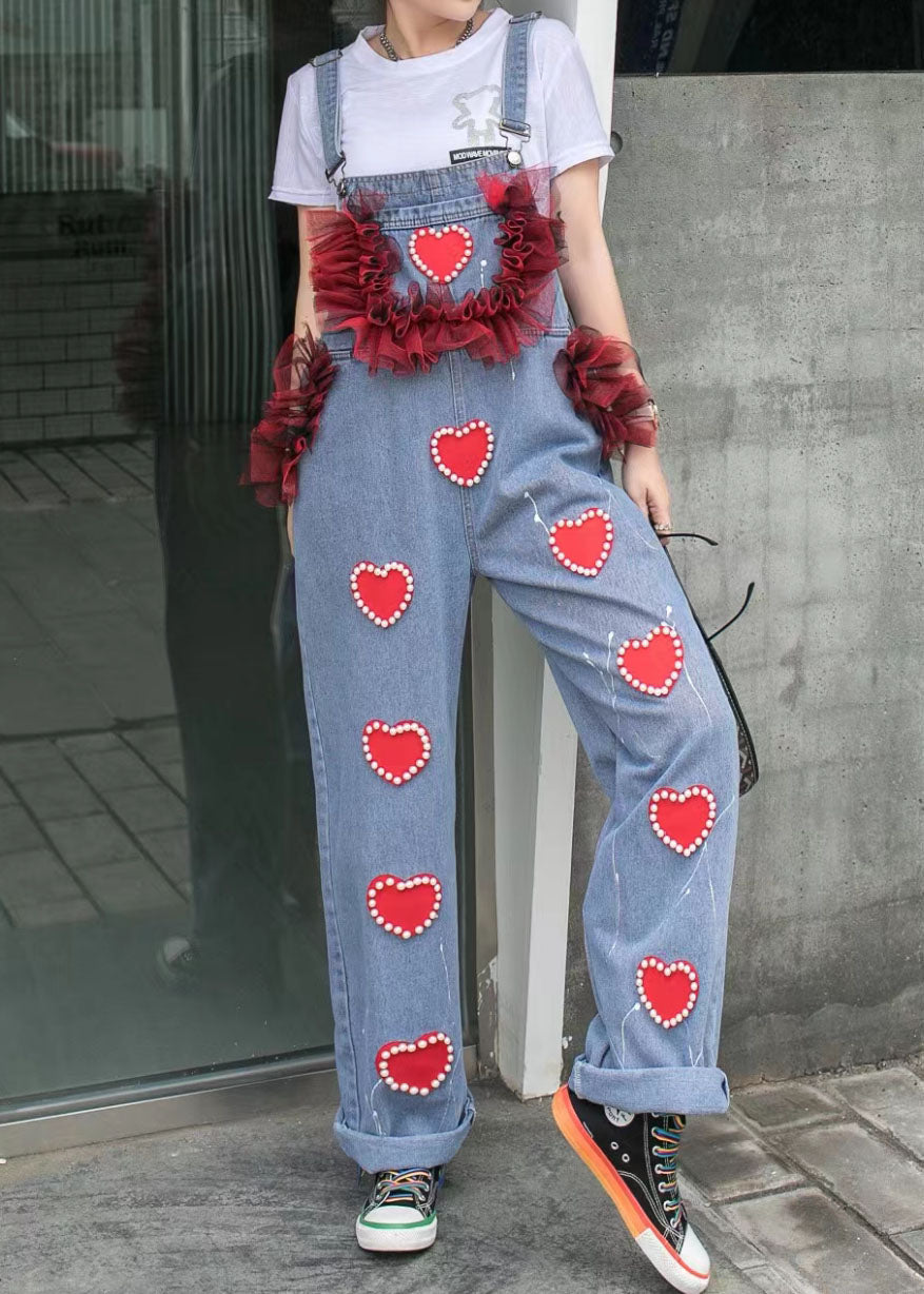 Blue Patchwork Spaghetti Strap Denim Jumpsuits Tulle Ruffled Heart Nail Bead Summer LY5230 - fabuloryshop