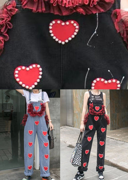 Blue Patchwork Spaghetti Strap Denim Jumpsuits Tulle Ruffled Heart Nail Bead Summer LY5230 - fabuloryshop