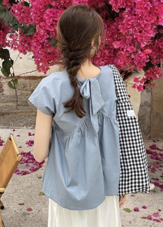 Blue Patchwork Wrinkled Cotton Shirt Tops O-Neck Bow Short Sleeve LY2647 - fabuloryshop