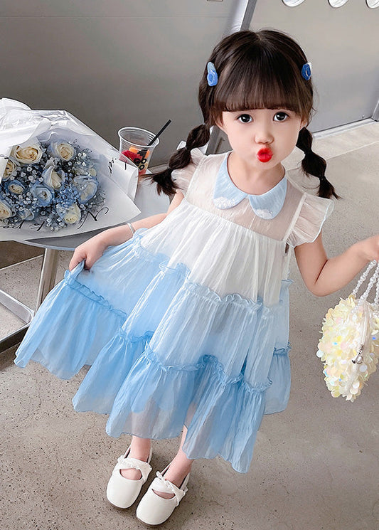 Blue Peter Pan Collar Kids Tulle Long Dresses Summer Ada Fashion