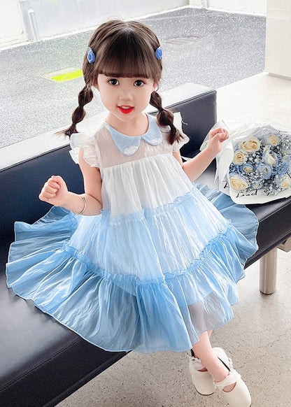 Blue Peter Pan Collar Kids Tulle Long Dresses Summer Ada Fashion