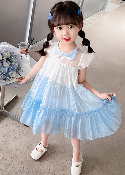 Blue Peter Pan Collar Kids Tulle Long Dresses Summer Ada Fashion