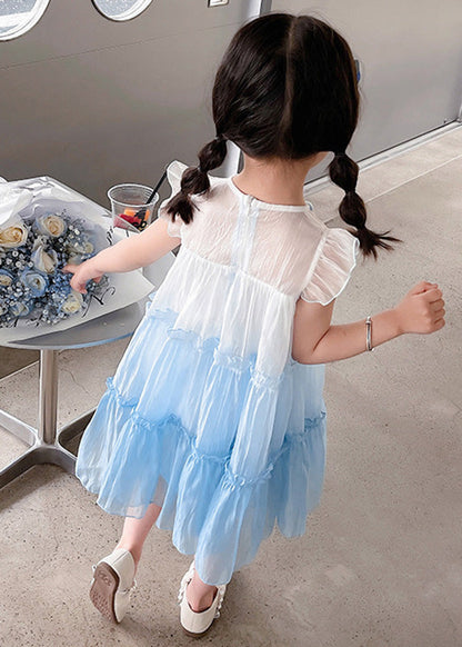 Blue Peter Pan Collar Kids Tulle Long Dresses Summer Ada Fashion