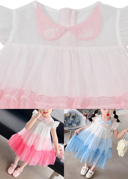 Blue Peter Pan Collar Kids Tulle Long Dresses Summer Ada Fashion