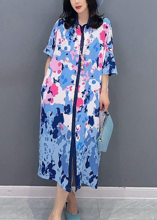 Blue Peter Pan Collar Maxi Shirts Dresses Short Sleeve LC0305 - fabuloryshop