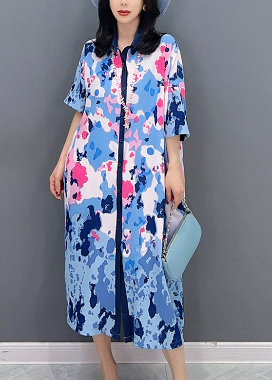 Blue Peter Pan Collar Maxi Shirts Dresses Short Sleeve LC0305 - fabuloryshop