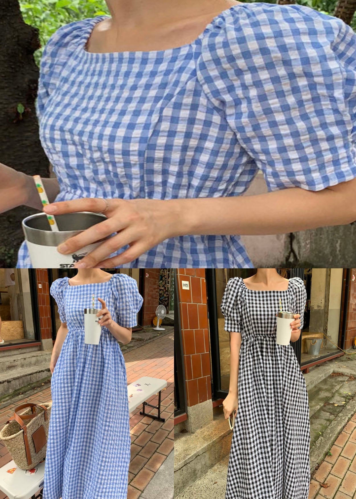 Blue Plaid Patchwork Cotton Dress Square Collar Puff Sleeve LY2652