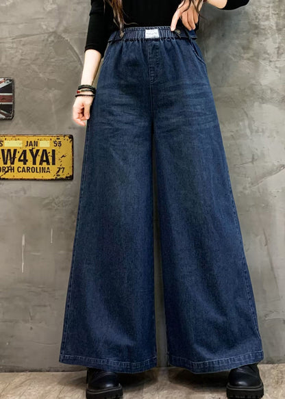 Blue Pockets Casual Denim Wide Leg Pants Elastic Waist Fall Ada Fashion