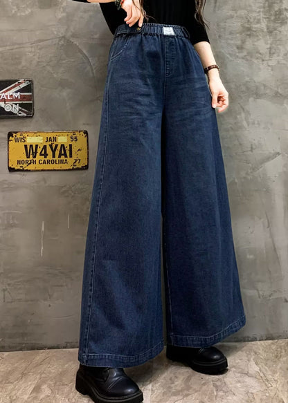 Blue Pockets Casual Denim Wide Leg Pants Elastic Waist Fall Ada Fashion