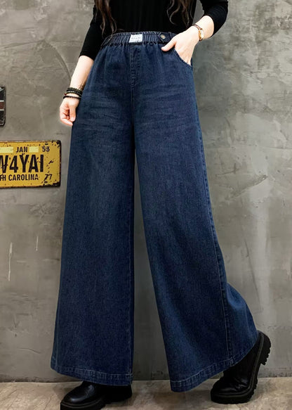 Blue Pockets Casual Denim Wide Leg Pants Elastic Waist Fall Ada Fashion