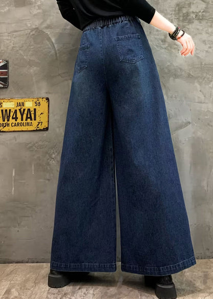 Blue Pockets Casual Denim Wide Leg Pants Elastic Waist Fall Ada Fashion