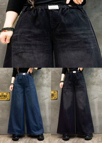 Blue Pockets Casual Denim Wide Leg Pants Elastic Waist Fall Ada Fashion