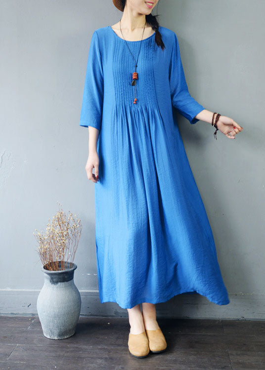 Blue Pockets Patchwork Cotton Dress Wrinkled O Neck Spring LC0463 - fabuloryshop