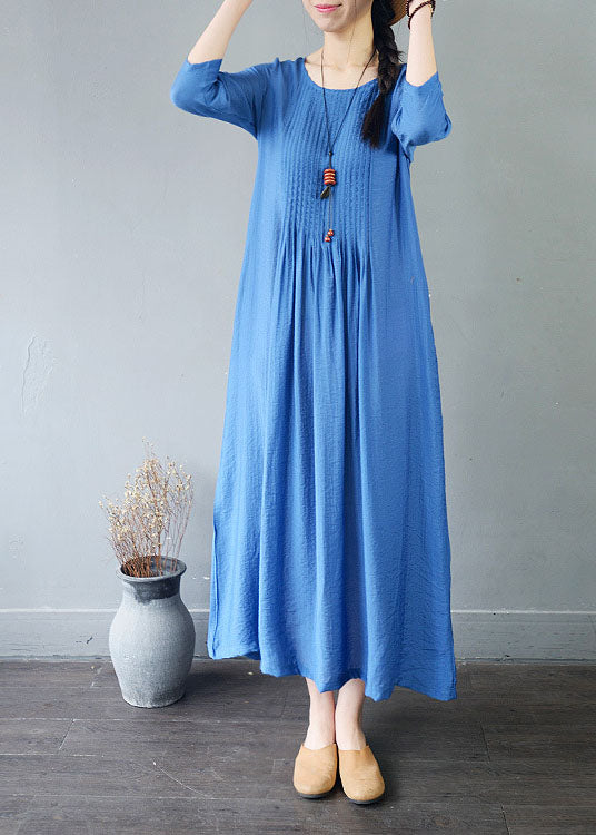 Blue Pockets Patchwork Cotton Dress Wrinkled O Neck Spring LC0463 - fabuloryshop