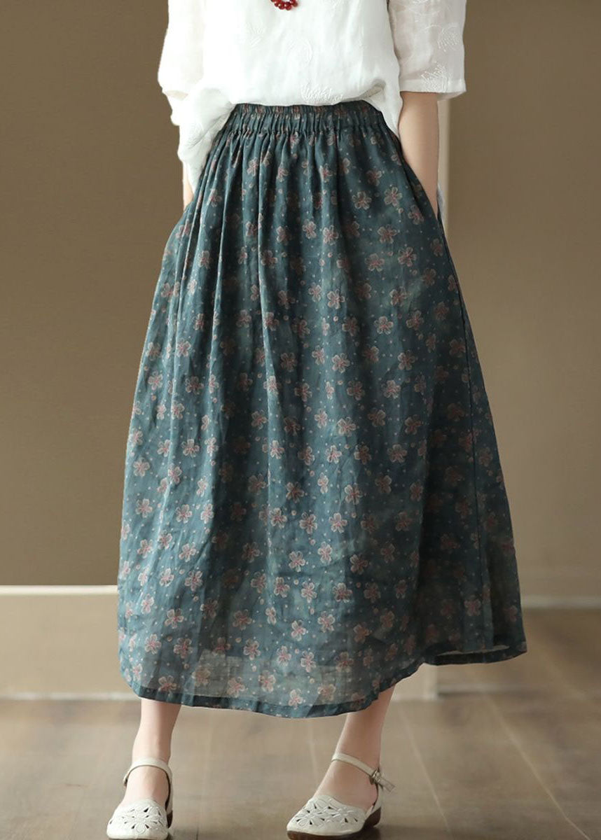 Blue Pockets Print Patchwork Linen Skirts Wrinkled Summer LY4055 - fabuloryshop