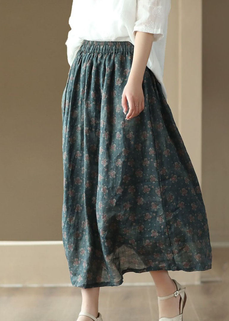 Blue Pockets Print Patchwork Linen Skirts Wrinkled Summer LY4055 - fabuloryshop