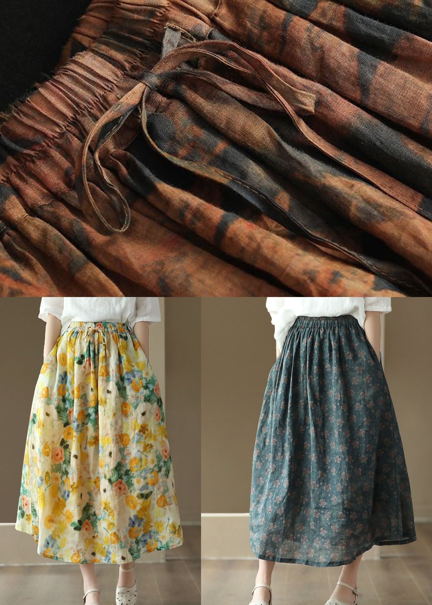 Blue Pockets Print Patchwork Linen Skirts Wrinkled Summer LY4055 - fabuloryshop