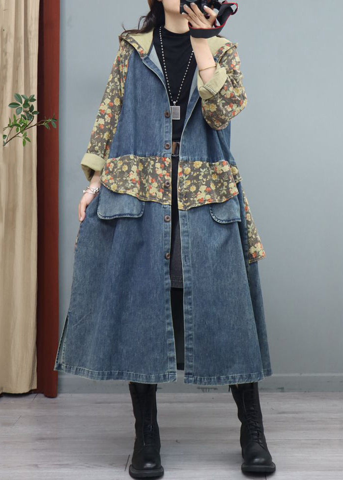 Blue Print Button Patchwork Denim Coat Asymmetrical Long Sleeve Ada Fashion