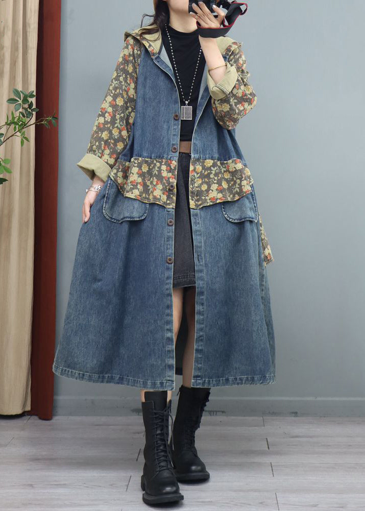 Blue Print Button Patchwork Denim Coat Asymmetrical Long Sleeve Ada Fashion