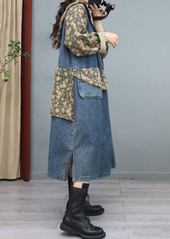 Blue Print Button Patchwork Denim Coat Asymmetrical Long Sleeve Ada Fashion