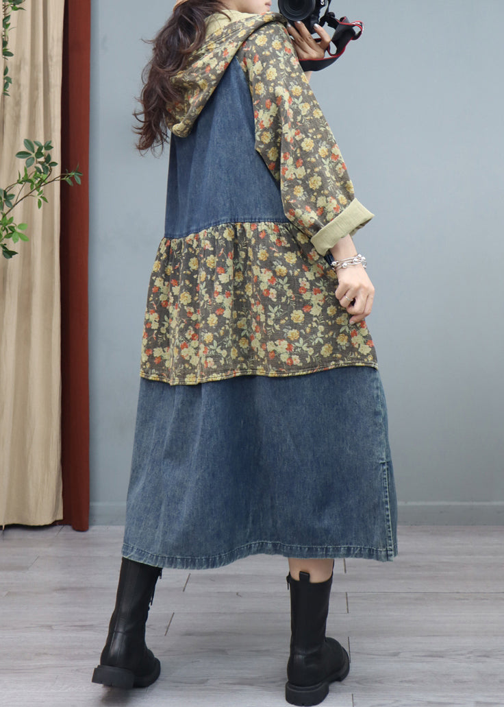 Blue Print Button Patchwork Denim Coat Asymmetrical Long Sleeve Ada Fashion