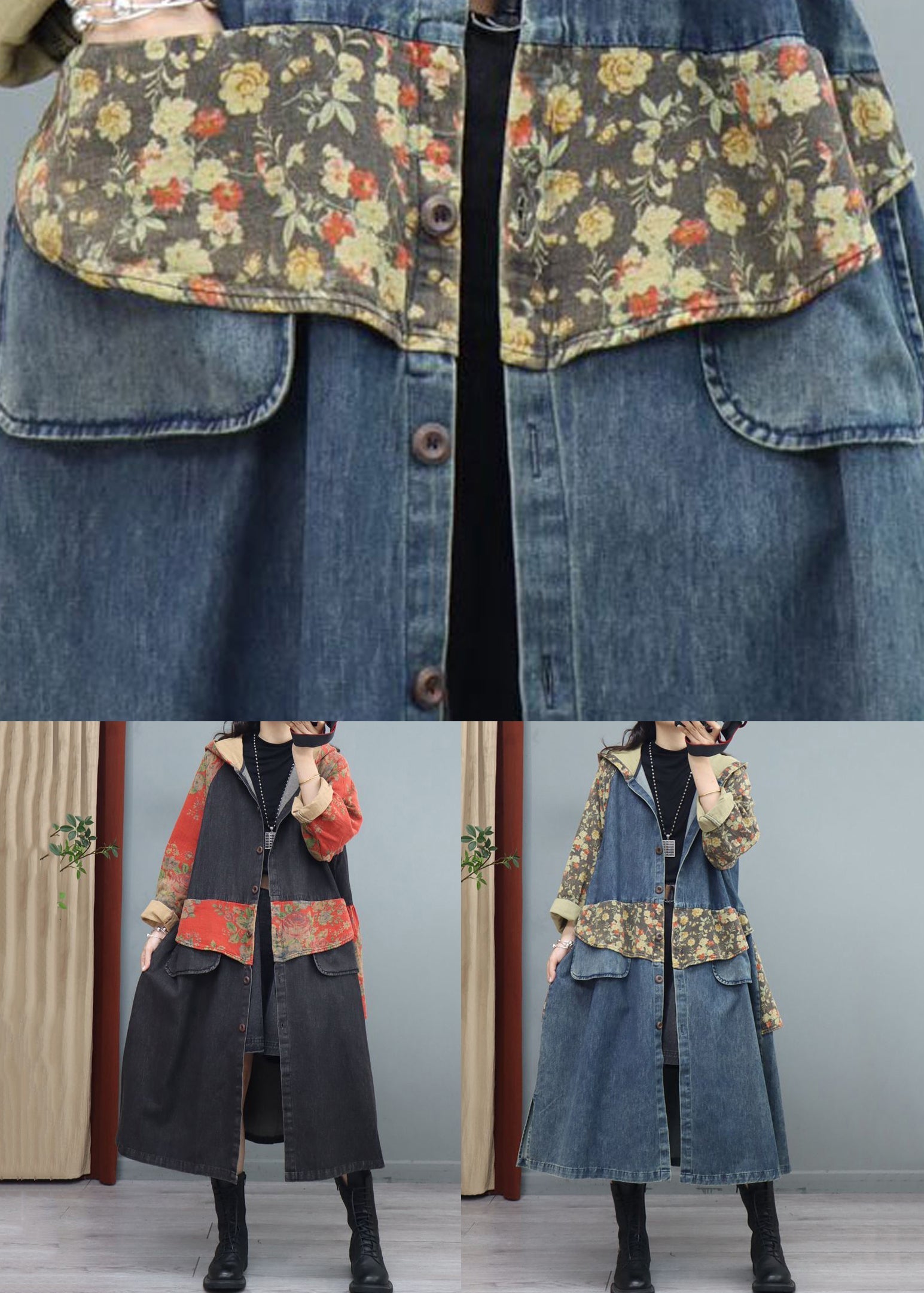 Blue Print Button Patchwork Denim Coat Asymmetrical Long Sleeve Ada Fashion