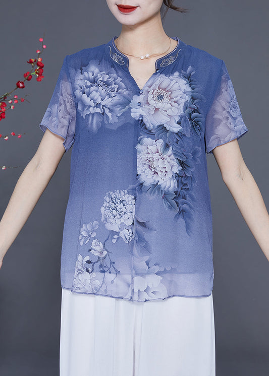 Blue Print Chiffon Blouse Tops V Neck Side Open Summer LY2341 - fabuloryshop