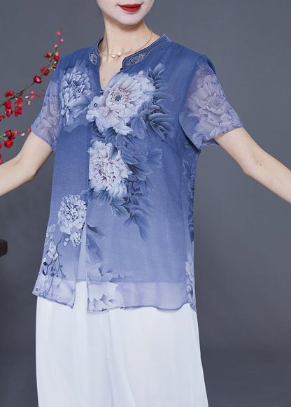 Blue Print Chiffon Blouse Tops V Neck Side Open Summer LY2341 - fabuloryshop