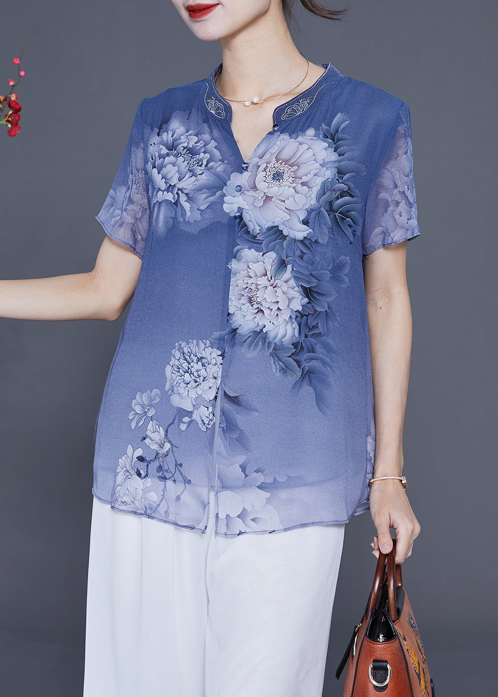 Blue Print Chiffon Blouse Tops V Neck Side Open Summer LY2341 - fabuloryshop