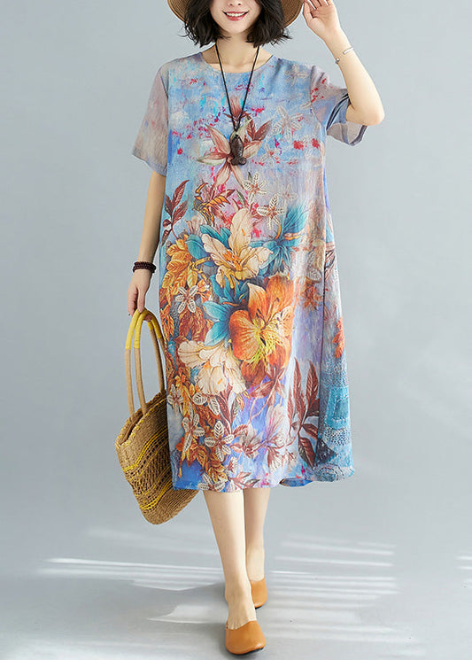 Blue Print Chiffon Holiday Maxi Dress Short Sleeve LY6081 - fabuloryshop