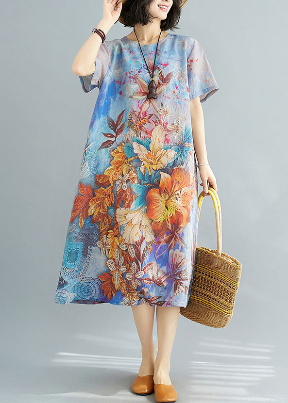 Blue Print Chiffon Holiday Maxi Dress Short Sleeve LY6081 - fabuloryshop