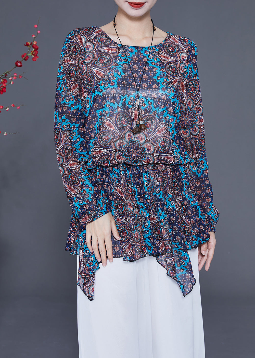 Blue Print Chiffon Shirt Tops Asymmetrical Hem Spring LY2335 - fabuloryshop