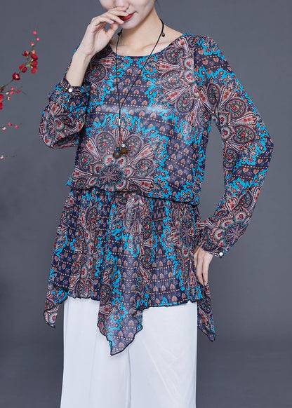 Blue Print Chiffon Shirt Tops Asymmetrical Hem Spring LY2335 - fabuloryshop