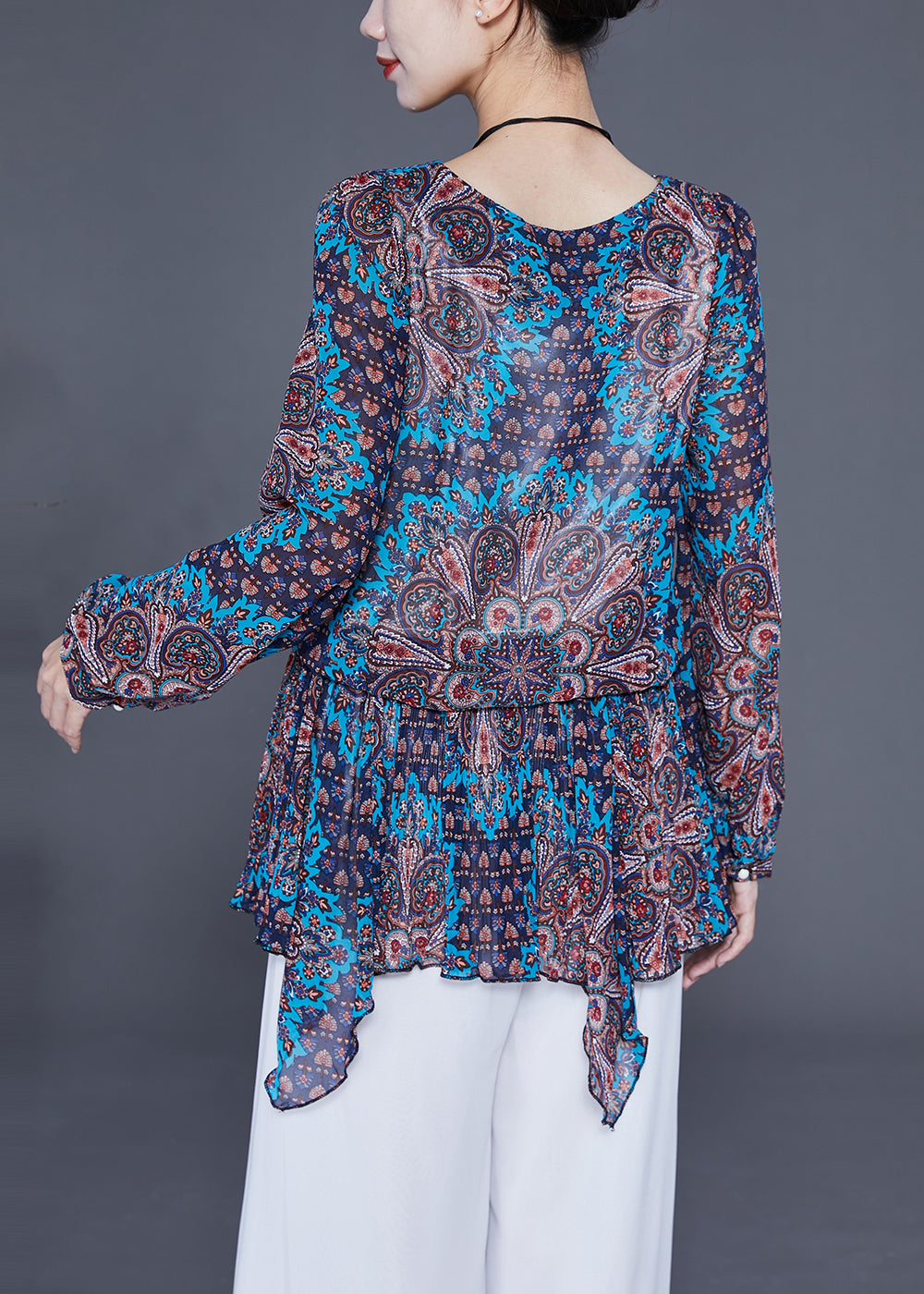 Blue Print Chiffon Shirt Tops Asymmetrical Hem Spring LY2335 - fabuloryshop