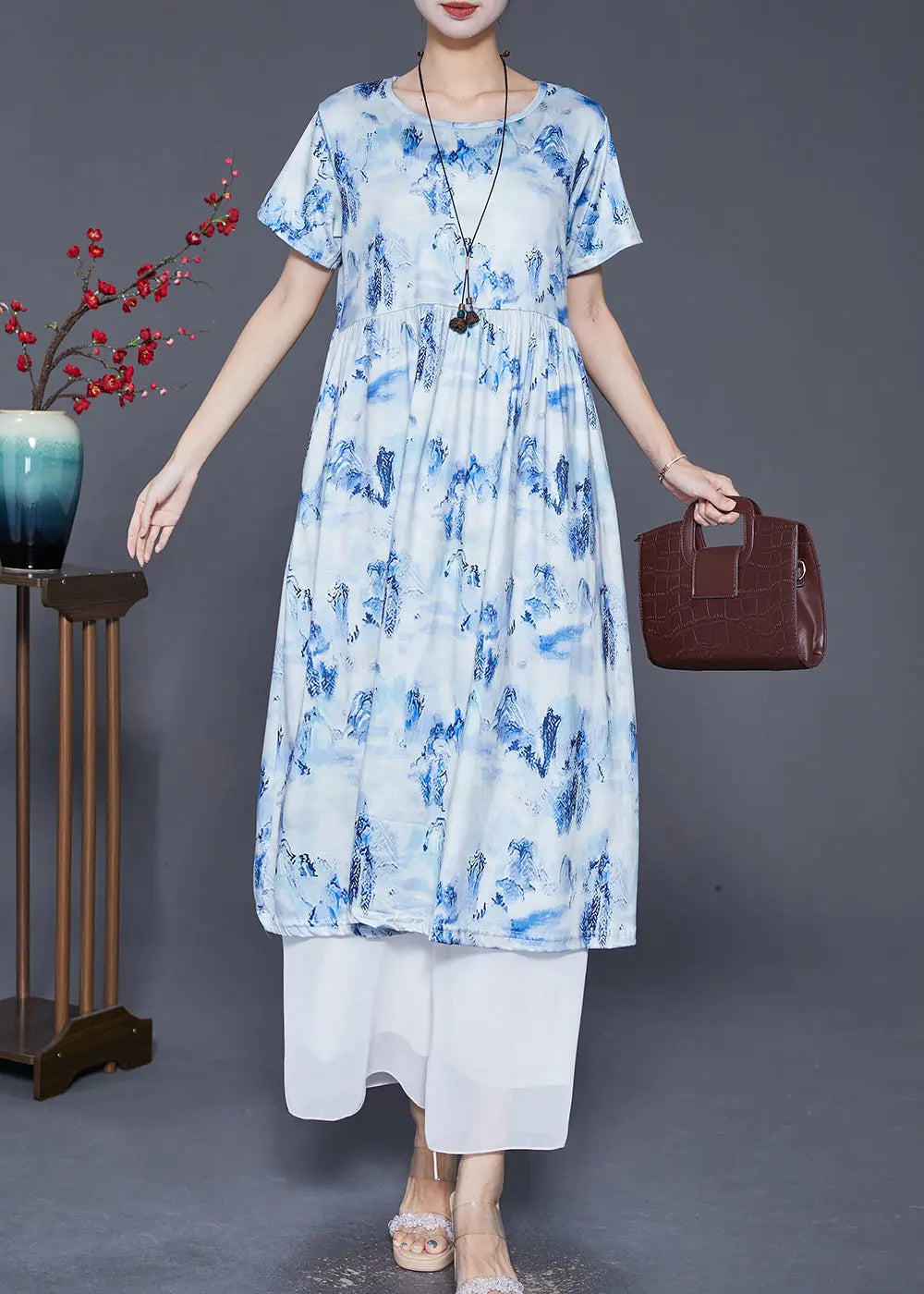 Blue Print Cotton Holiday Dresses Exra Large Hem Summer Ada Fashion