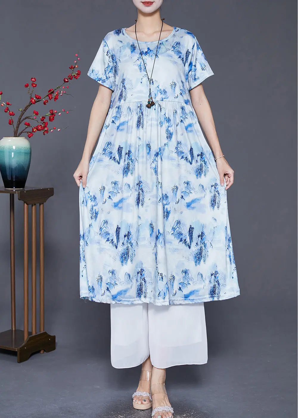 Blue Print Cotton Holiday Dresses Exra Large Hem Summer Ada Fashion