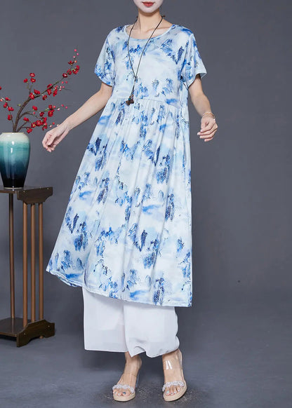 Blue Print Cotton Holiday Dresses Exra Large Hem Summer Ada Fashion