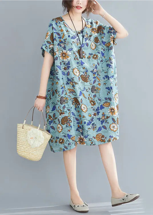 Blue Print Cotton Maxi Dresses Oversized Pockets Summer Ada Fashion