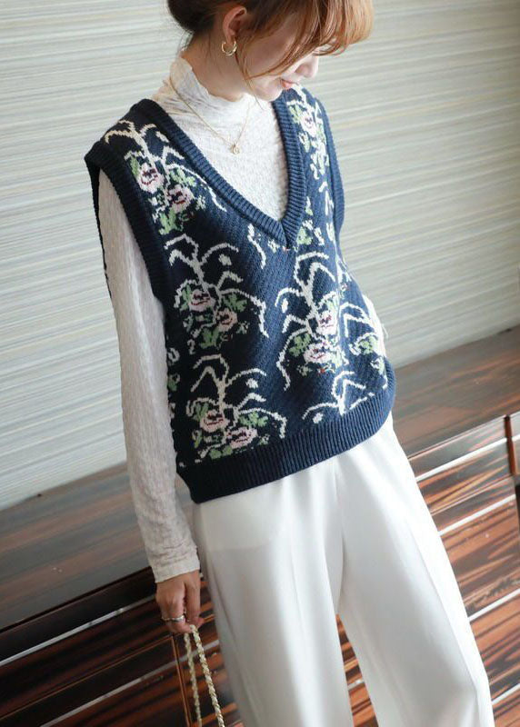 Blue Print Knit Vests V Neck Oversized Sleeveless LY1454 - fabuloryshop