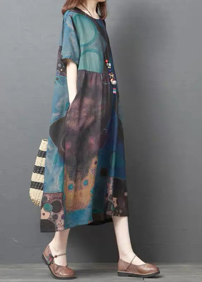 Blue Print Linen Holiday Dress O-Neck Summer Ada Fashion