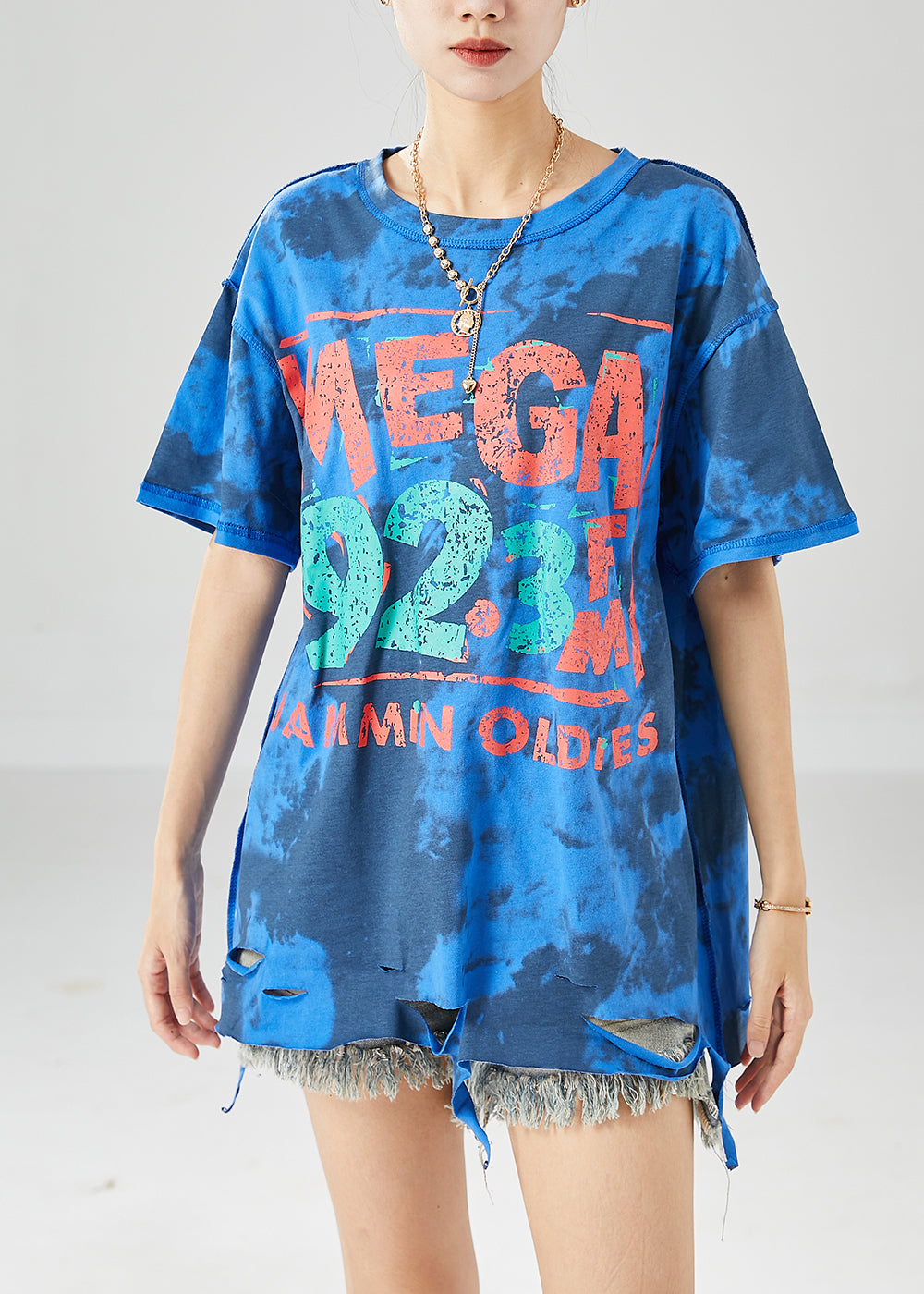 Blue Print Loose Cotton Ripped Tanks Tie Dye Summer LY6124 - fabuloryshop