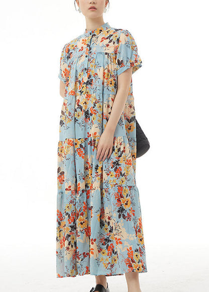 Blue Print Patchwork Chiffon Dress Stand Collar Wrinkled Summer LY1229 - fabuloryshop